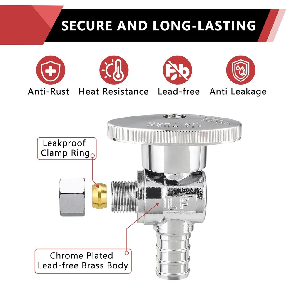 (Pack of 5) 1/4 Turn Angle Stop Valve 3/8" OD Compression x 1/2" Pex Chrome P...