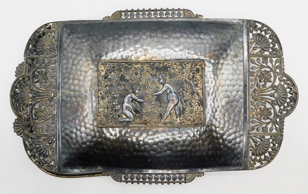 Vintage Large Silver Plated Rectangular Handled Tray w Ornate Cherub Tree Floral