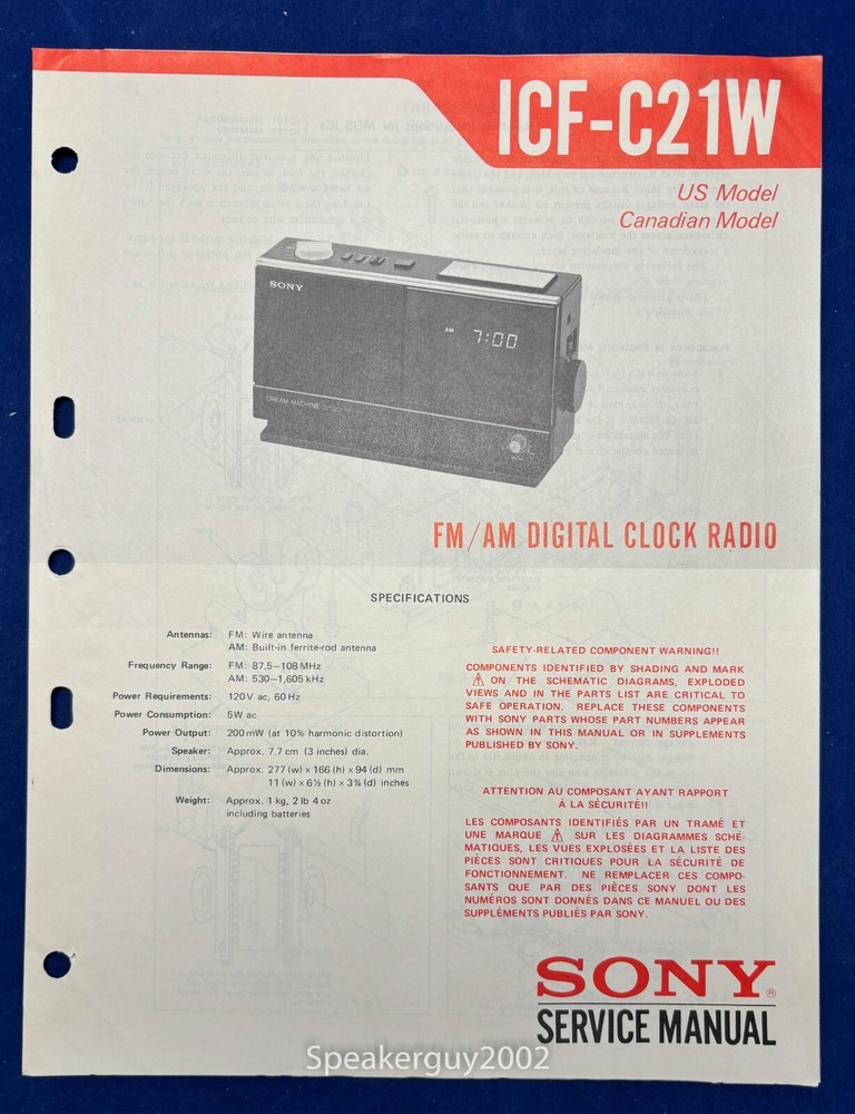 Original Sony ICF-C21W Clock Radio Service Manual