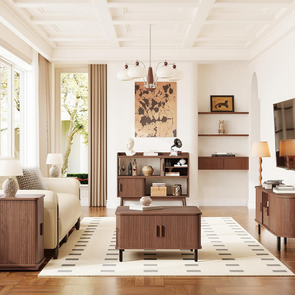 44" Sideboard Buffet Cabinet with Outlet & 2 Open Storage Spaces, Fluted Sideboa