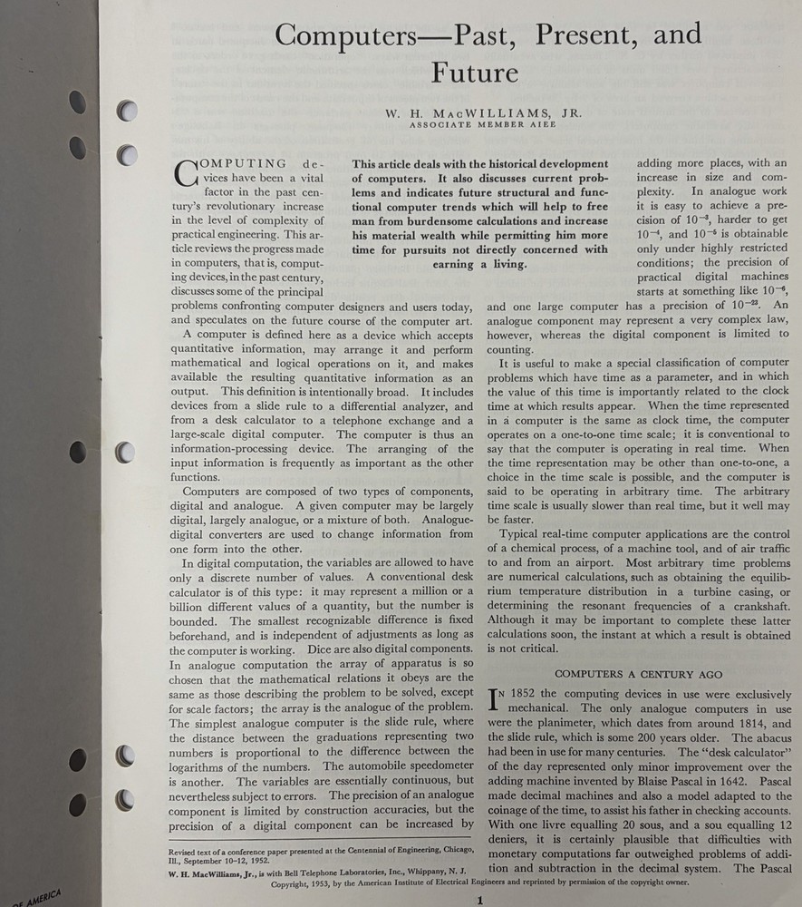 Bell Telephone System Technical Publication Computers 1953 Booklet History