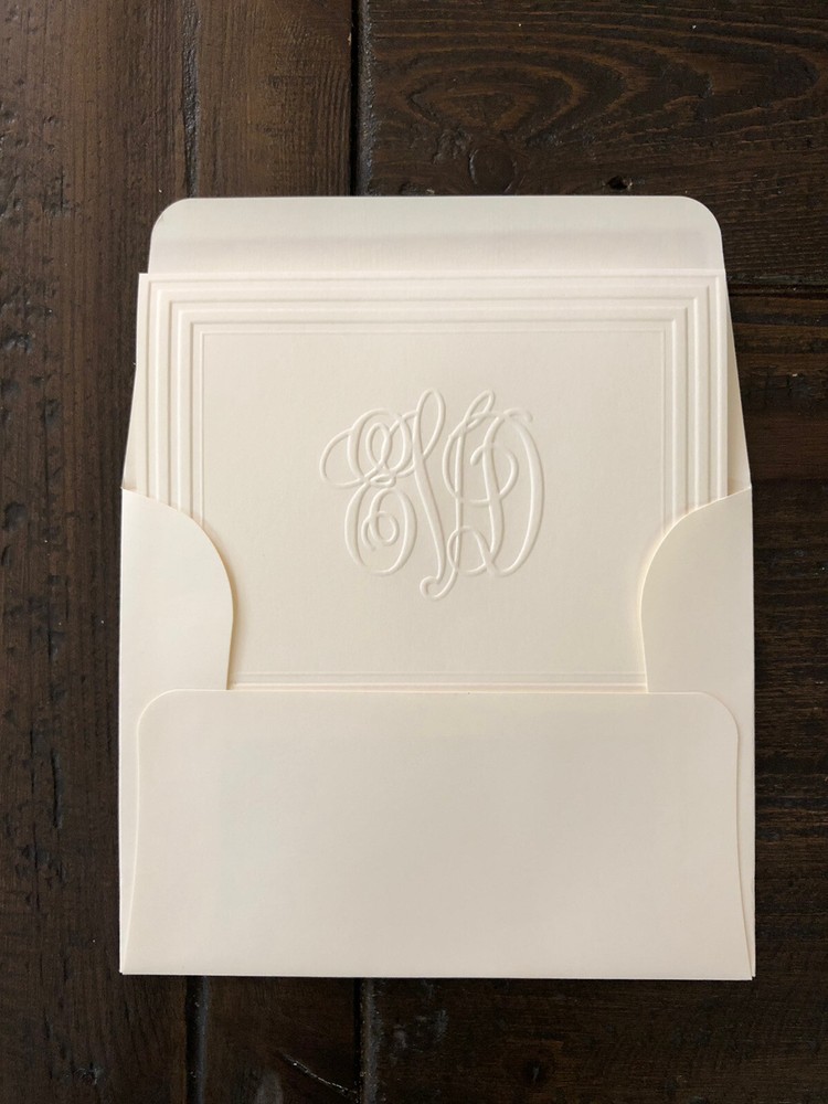 Embossed Personalized Monogram Folded Note Cards with Envelopes, Ivory