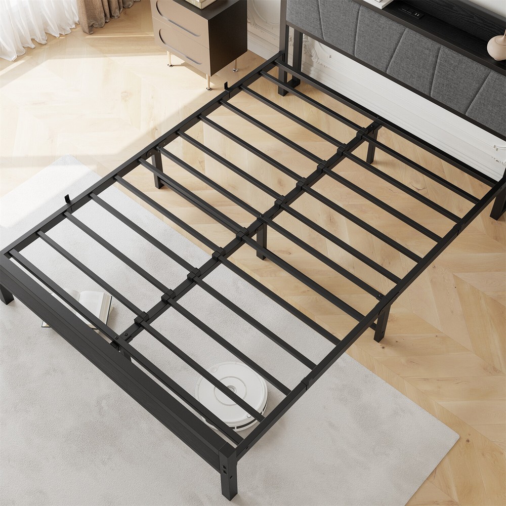 Queen Size Bed Frame Metal Platform Bed w/ Storage Headboard & Charging Station
