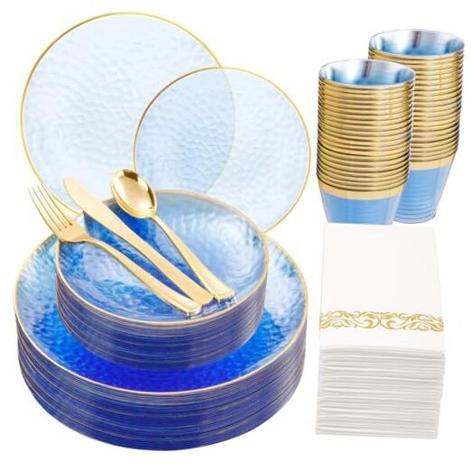 175 Pcs Plastic Dinnerware Set (25 Guests), 175 pcs （25 guests） clear blue