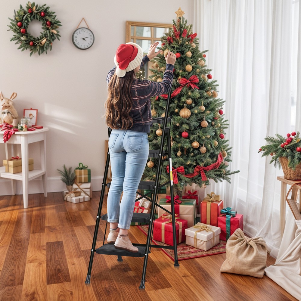 Step Ladder 4 Step Folding Black 330 Lbs Max Load Ladder Folding W/ Work Tray