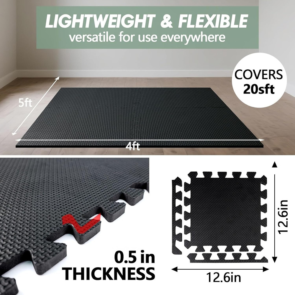 20 Sq Ft Interlocking Gym Floor Mats– 0.5In Thick High-Density EVA Interlocking