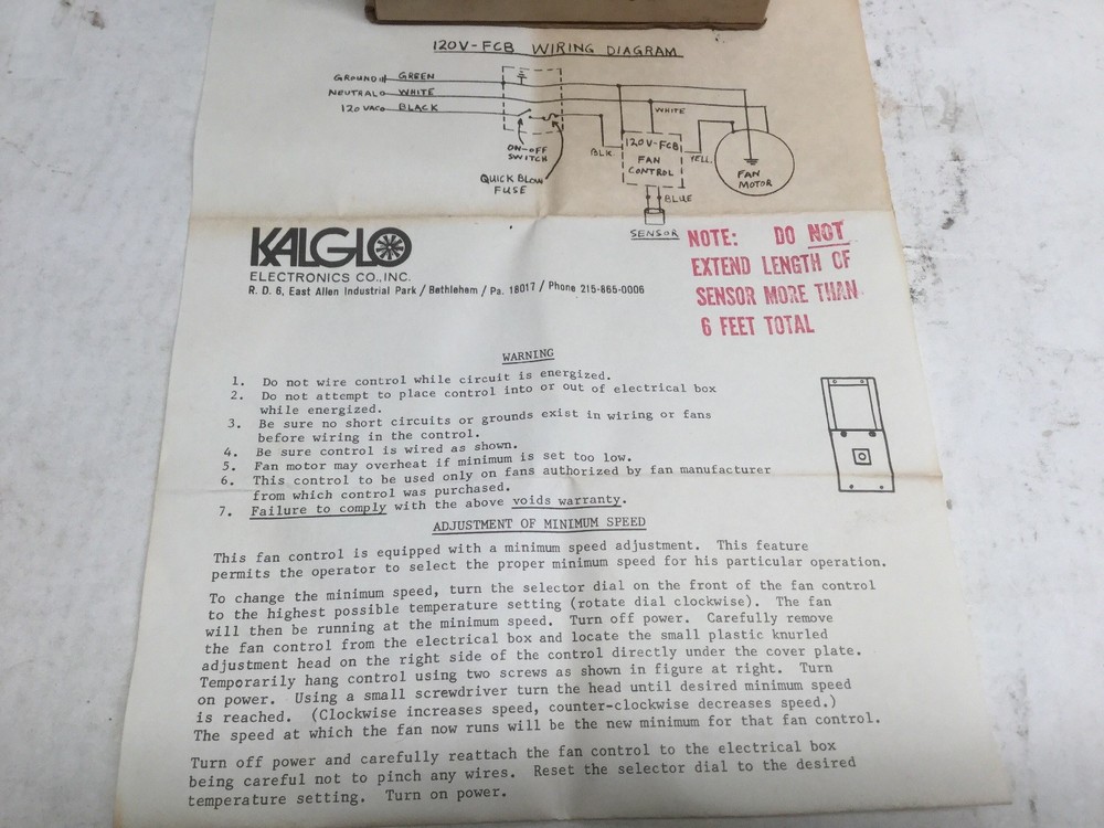Kalglo FCB-1210 Fan Control & Sensor