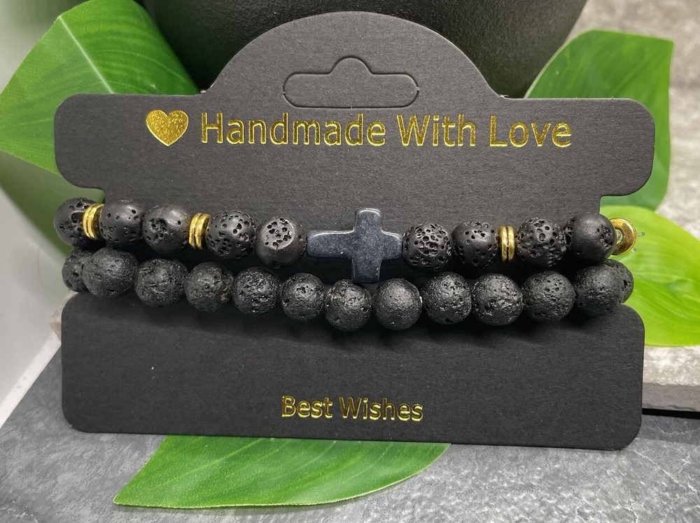 2 PC Handmade Beaded Stackable 6.5” Plus Stretch Bracelet Set Cross New B3705