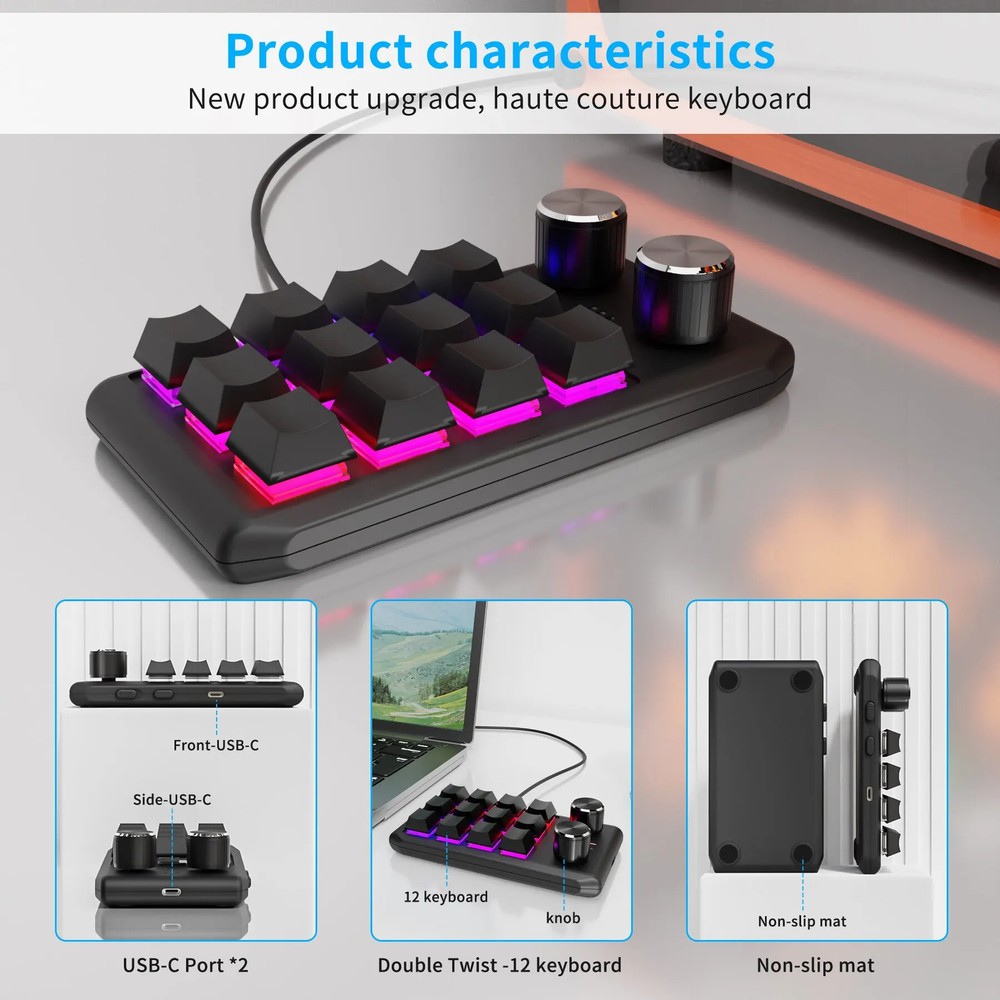 Programming Macro Custom 2 Knob Bluetooth Keyboard RGB 12 Key Mini Gaming Keypad