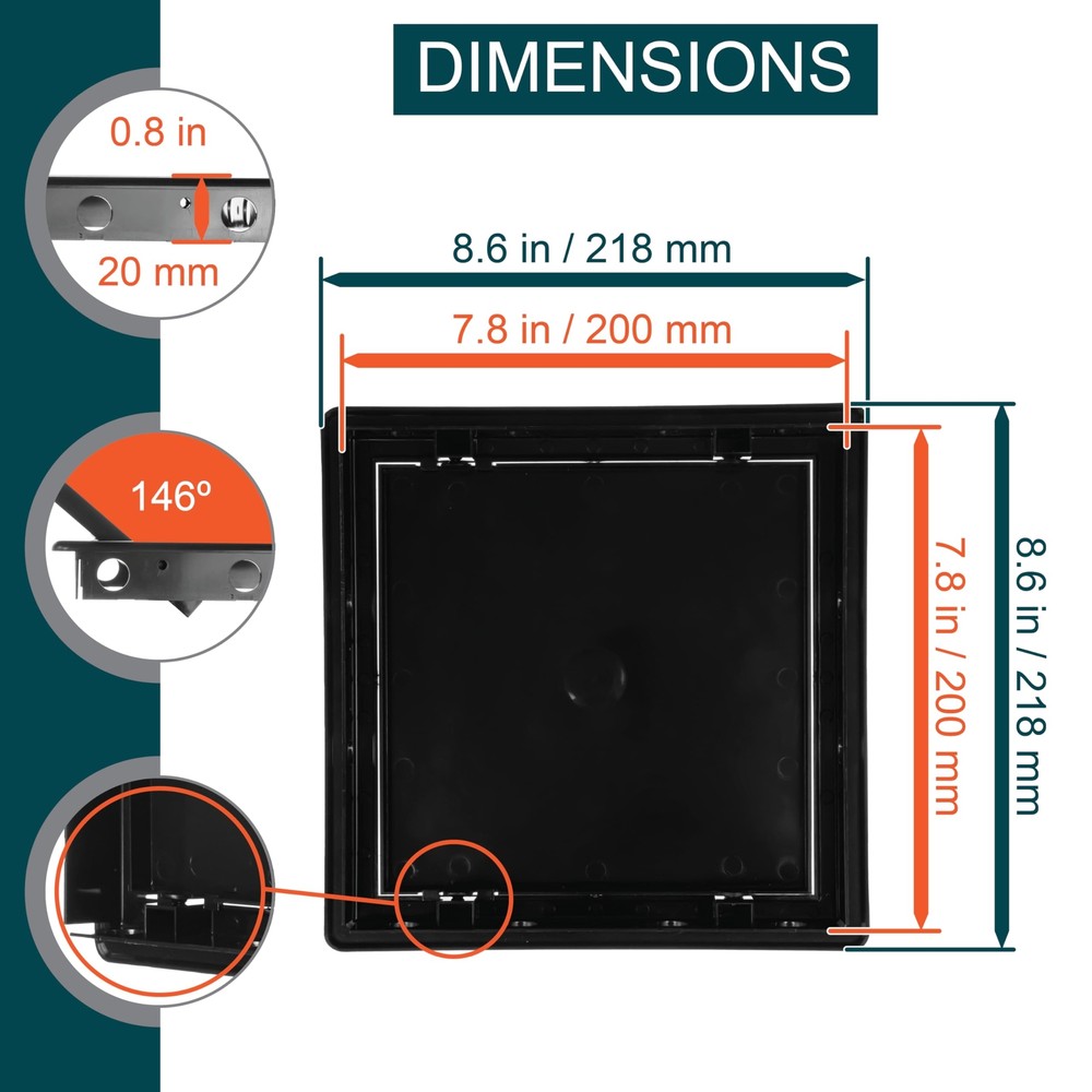 8" x 8" Black Plastic Access Panel. Service Shaft Door Panel. Plumbing, Elect...