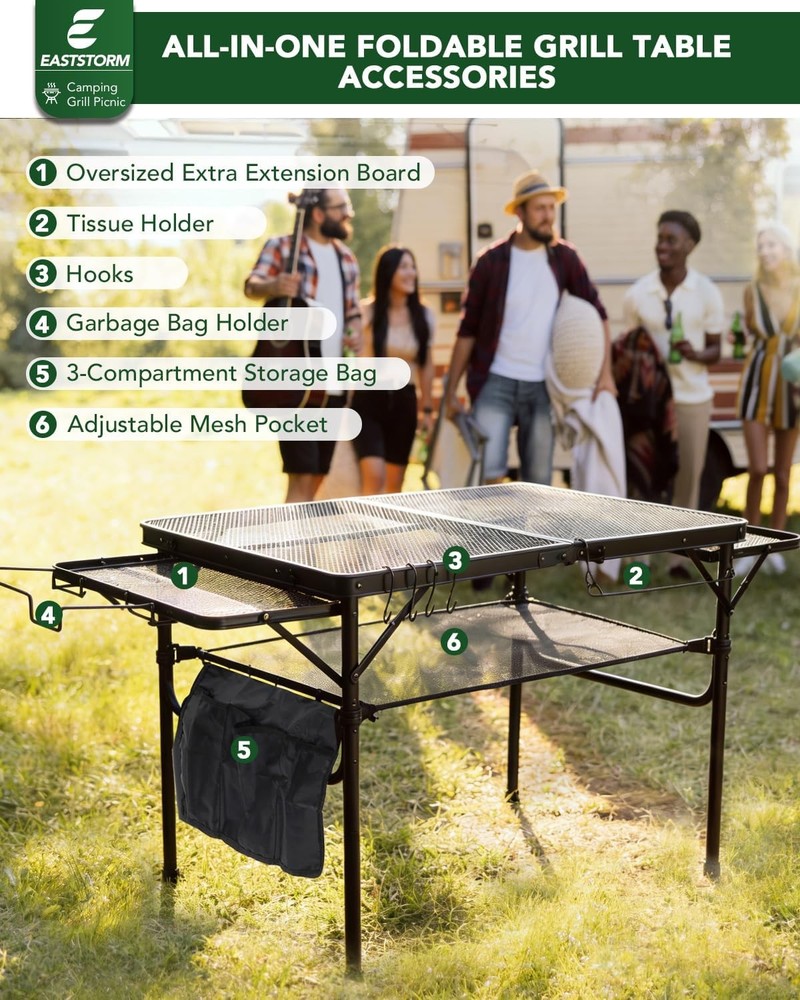 3ft Folding Camping Table W/Wing Panels Adjustable Height Metal Grill Prep Table