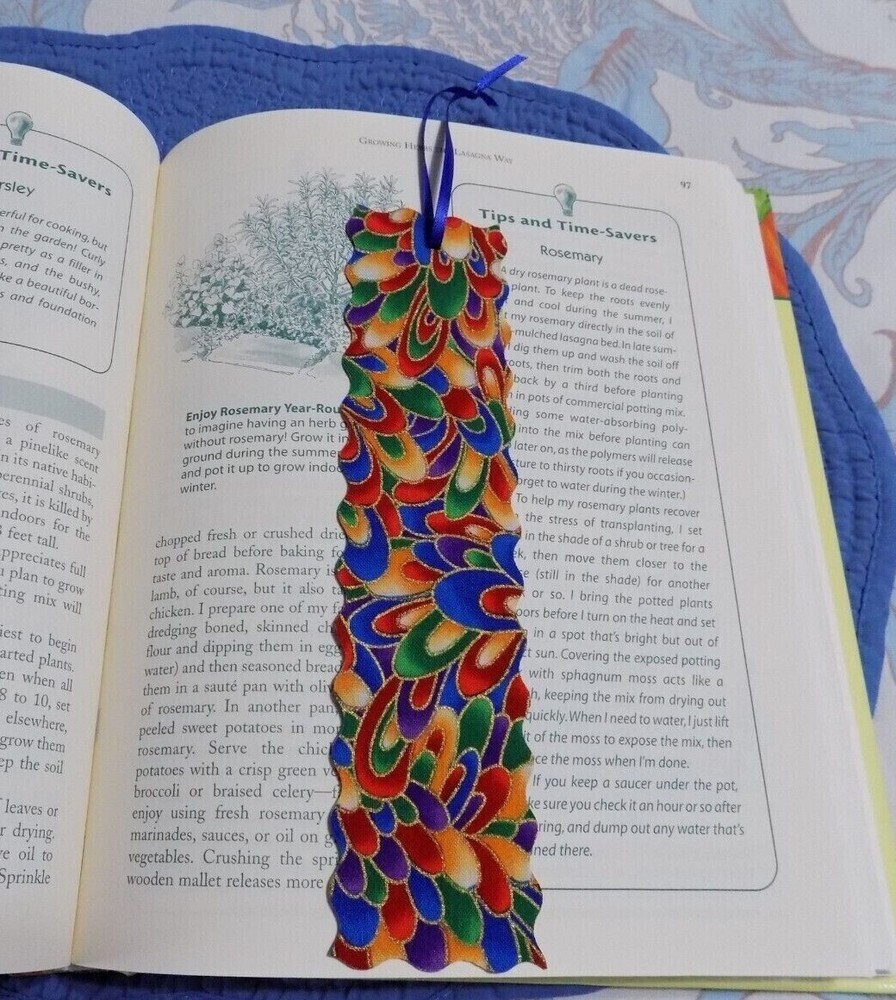 Bookmark Fabric or Cloth Multi-colored with Blue Ribbon Handmade
