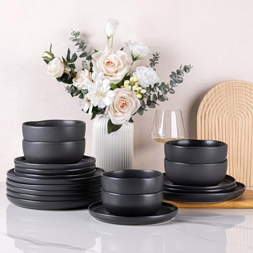 Ceramic Dinnerware Sets, Wavy Rim Stoneware Service for 6 Matte Speckled Black