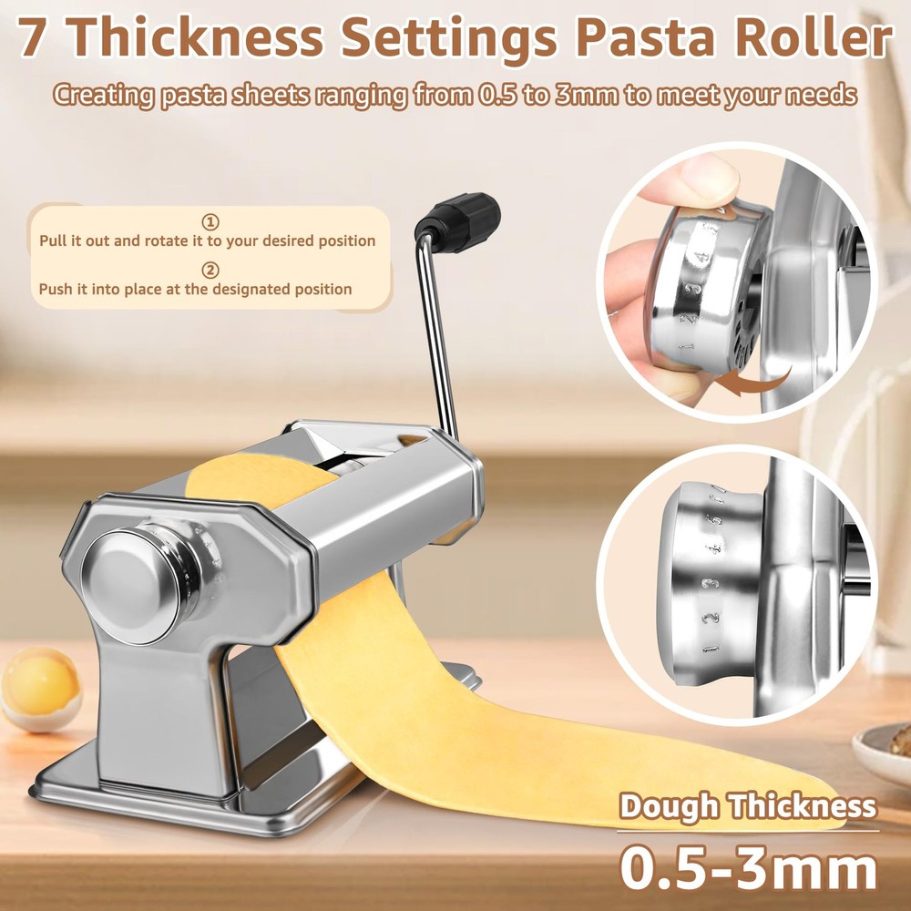Pasta Maker - 7 Thickness Settings Roller & 2-in-1 Cutter, Silver