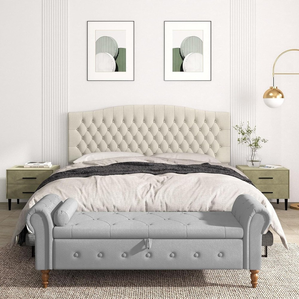 King Headboard Upholstered Wall Mount Tufted Linen Ivory for Adjustable Bed