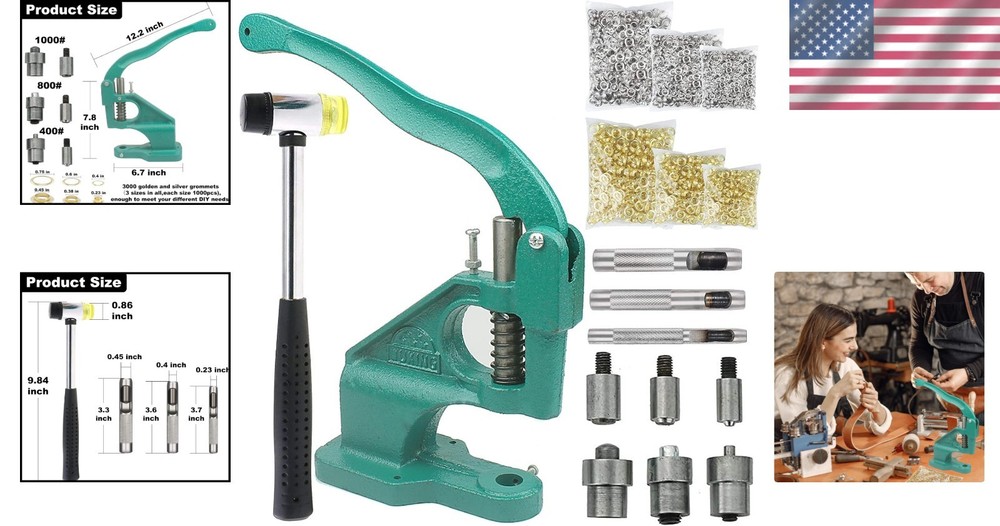 Compact Grommet Press Machine with Rubber Hammer & 3000 Grommets for Projects