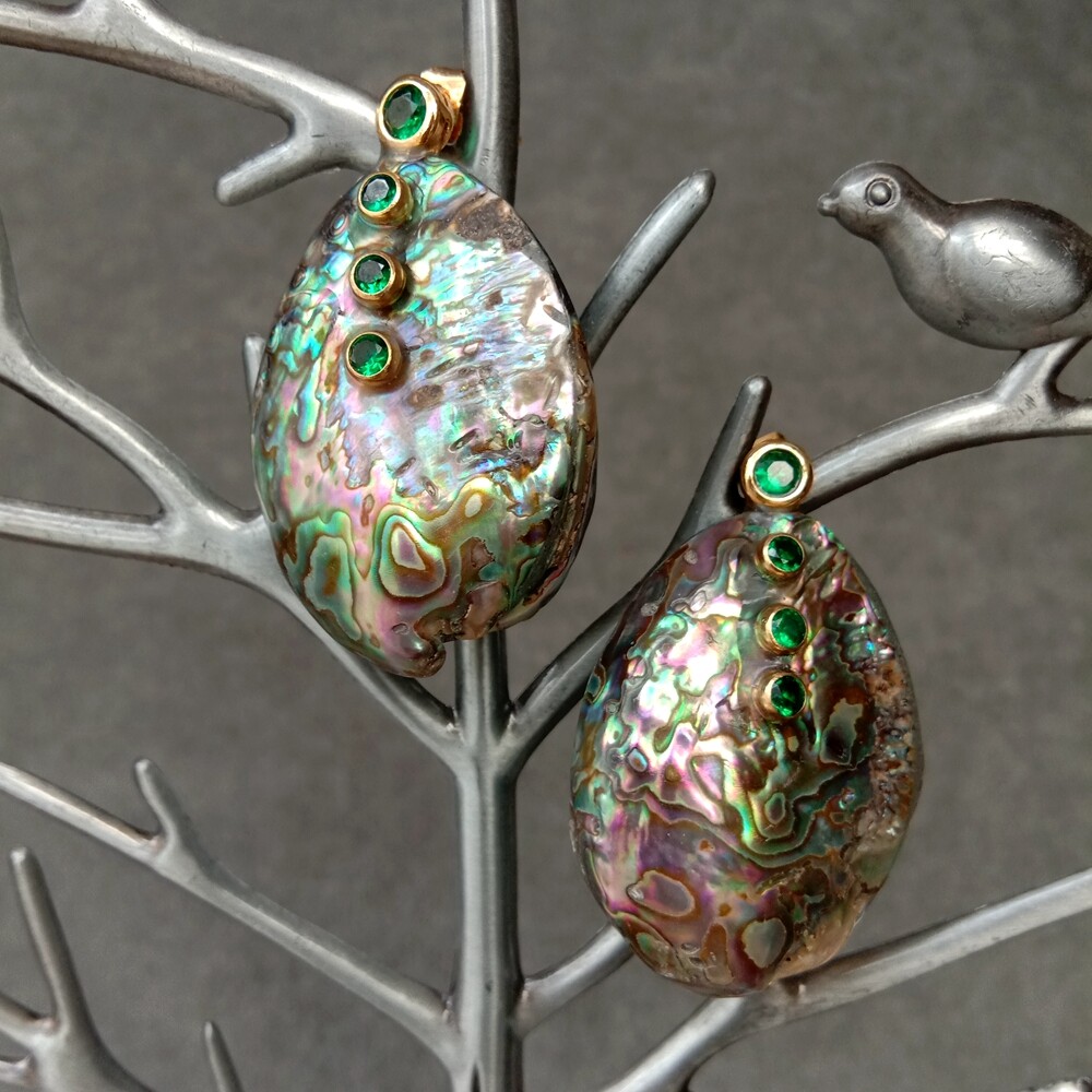 Natural Rainbow Abalone Shell Green Cz pave Stud Earrings