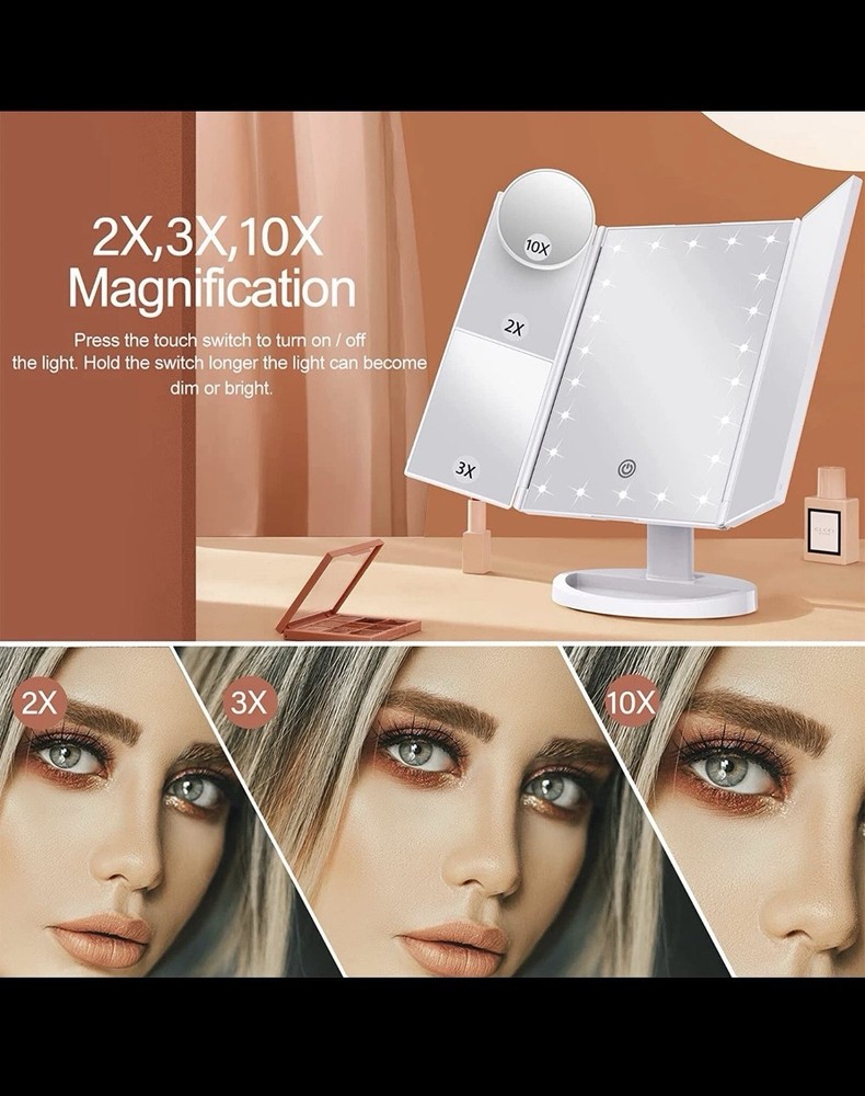 LED Lighted Makeup Mirror 2X 3X 10X Magnification Adjustable Brightness White