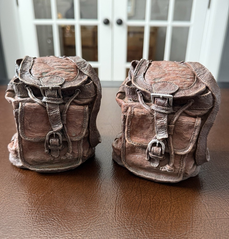 Distressed Leather Backpack Bookends Paperweight Decor