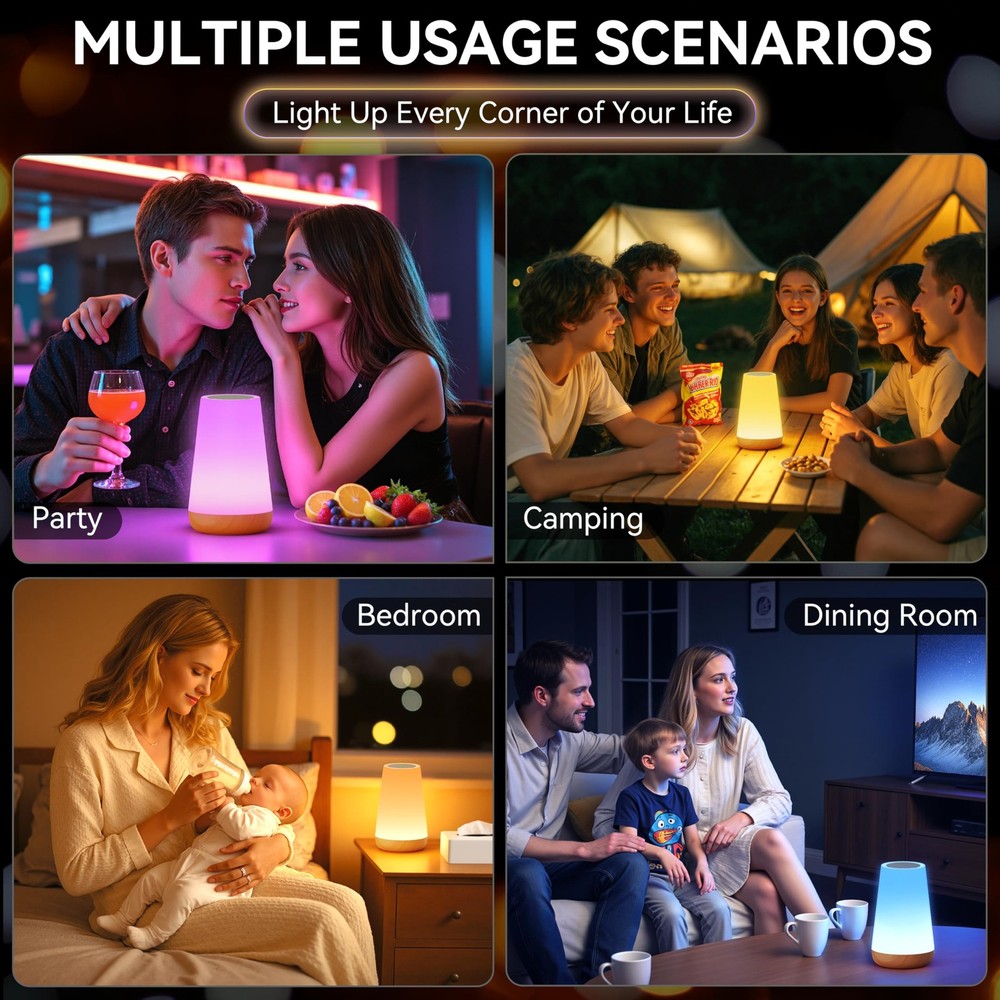 Night Light Bedside Lamp Touch and Remote Control Dimmable Tabletop 13 RGB Co...