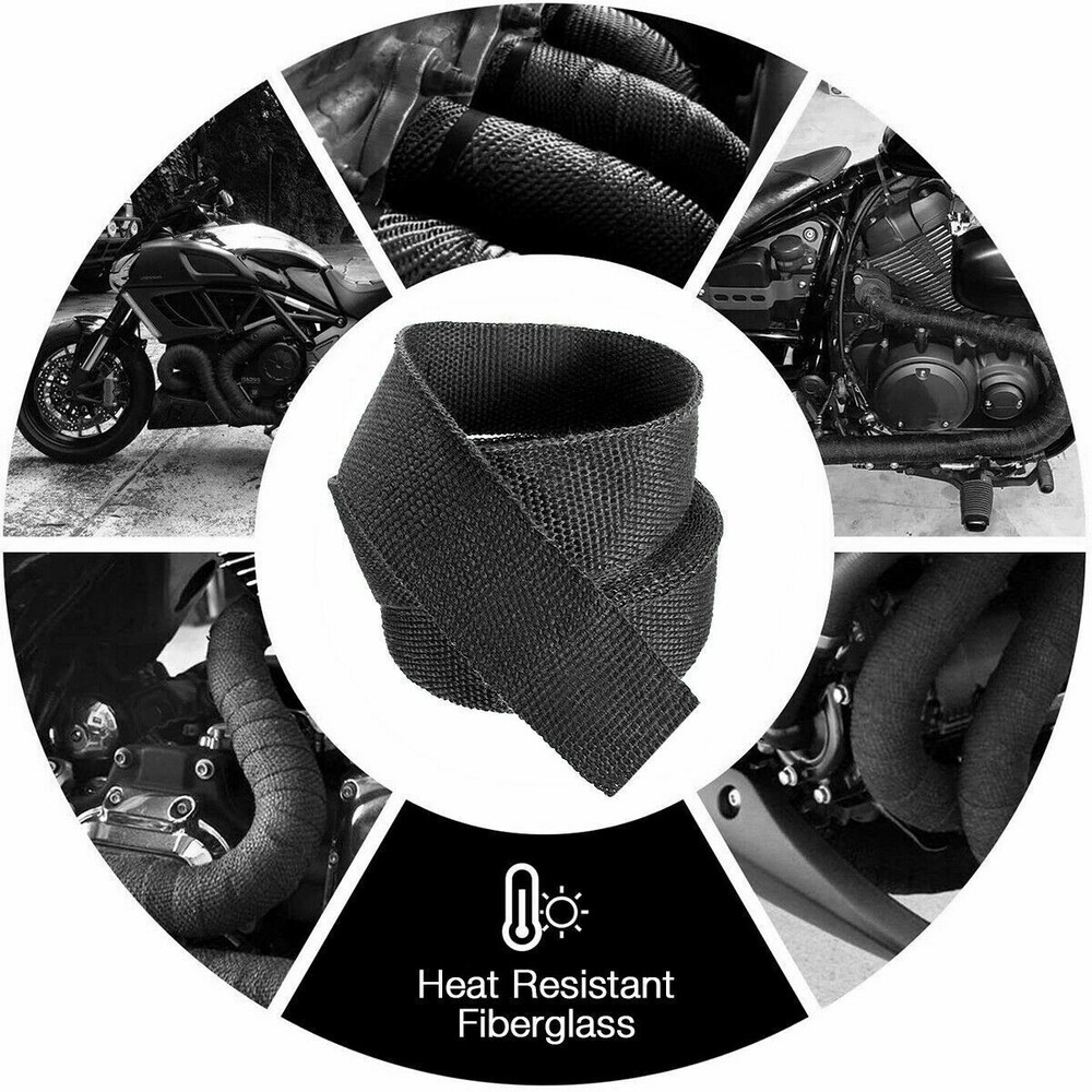 10M Black Exhaust Header Pipe Insulation Thermal Wrap Trap Motorcycle + 6 Ties