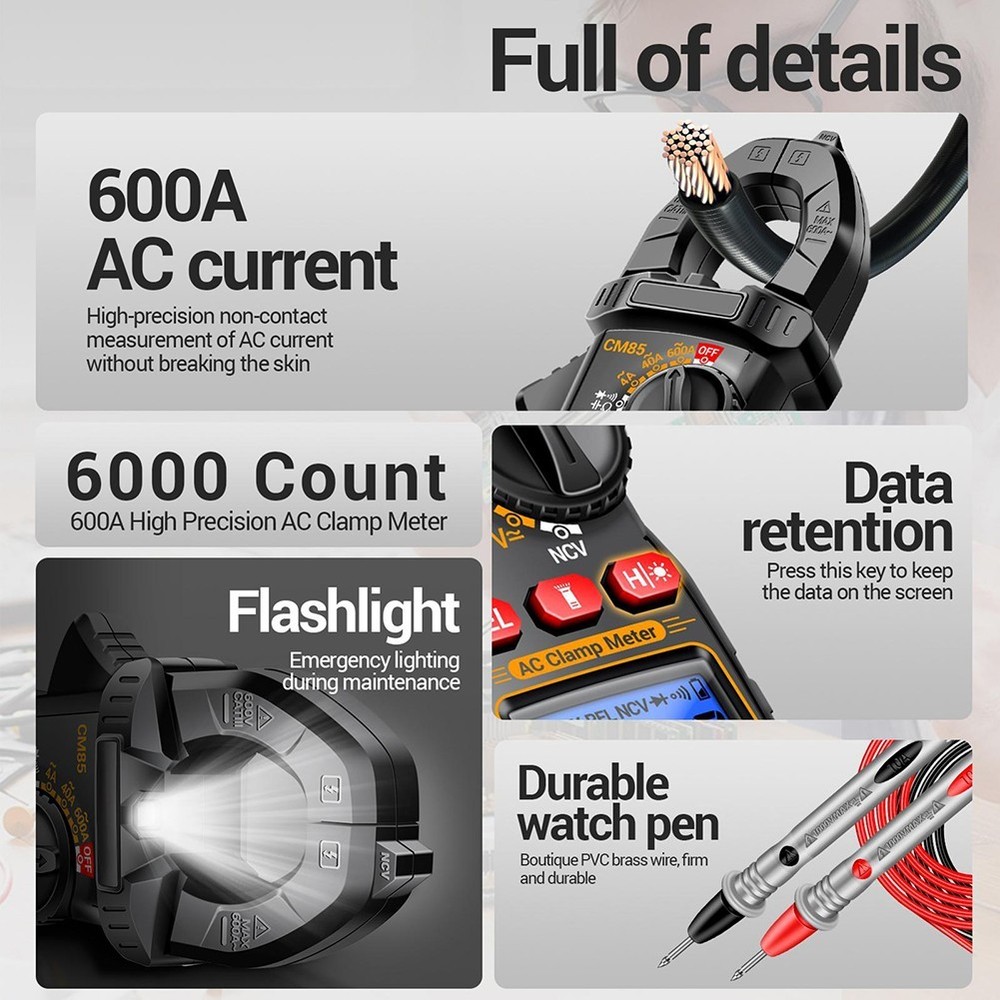 CM85 Clamp Meter with Backlight Flashlight NCV Diode Buzzer 6000 Count