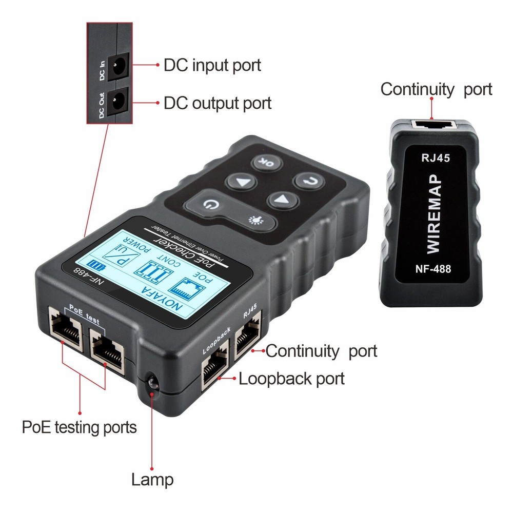 NF-488 LCD Network PoE Checker Ethernet Cable Tester Cat5/6 LAN Loop Test Tool