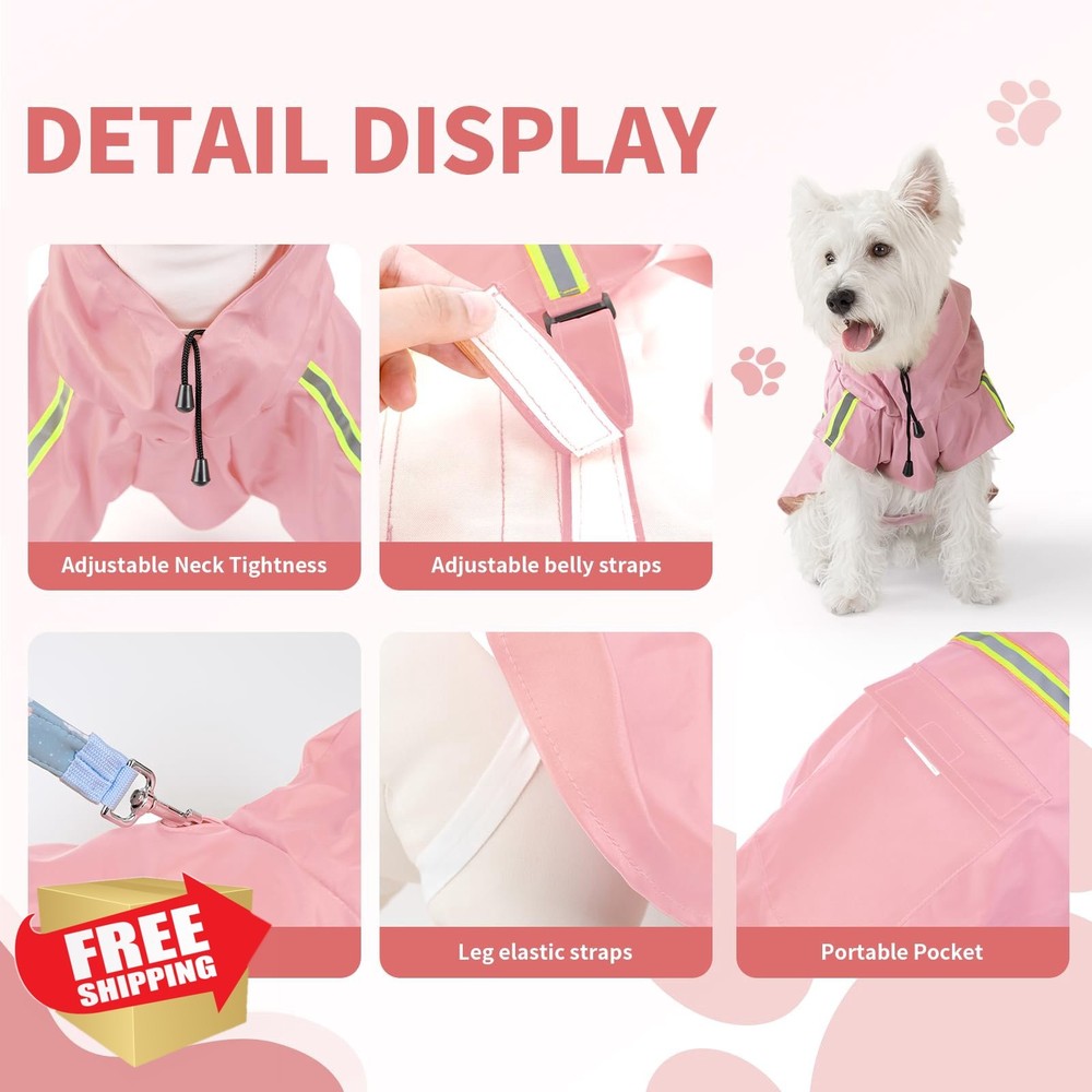 ExploreU Dog Raincoat Pink M Waterproof Windproof Adjustable Leash Hole Refle...