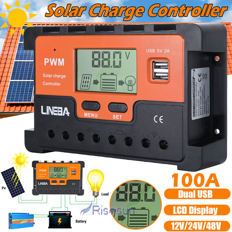 100A Solar Panel Battery Charge Controller 12/24/48V LCD Regulator Auto Dual USB