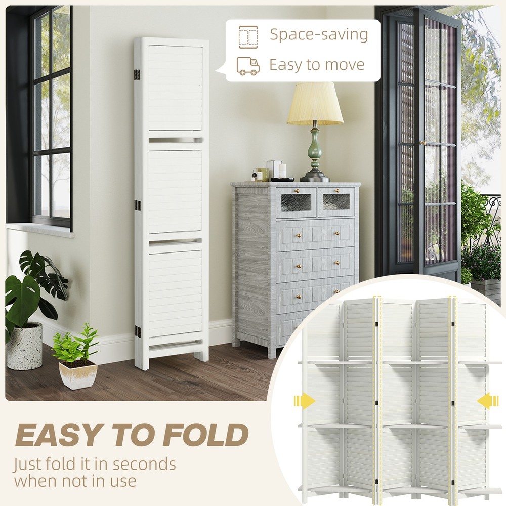 5 Panel Privacy Screen, Room Divider with 3 Shelves White