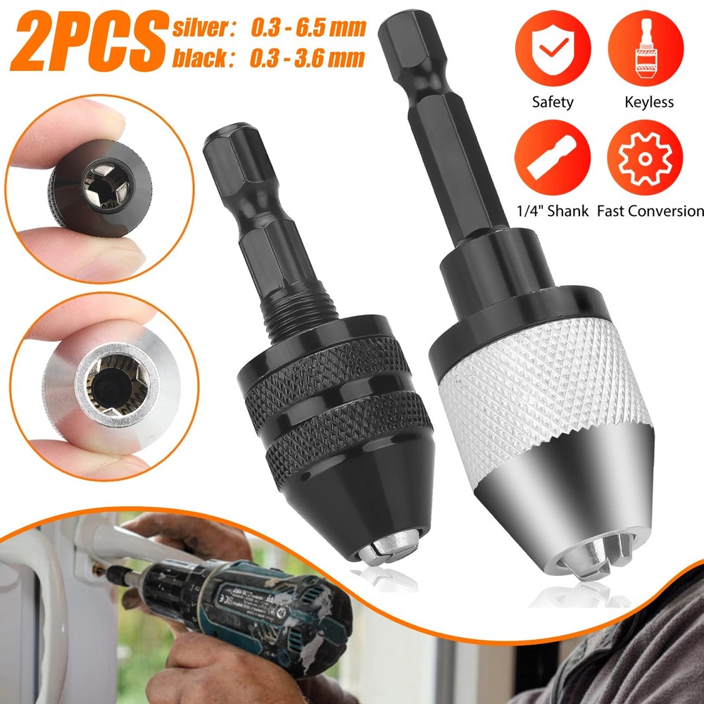 2x 1/4" Hex Shank Keyless Drill Bit Quick Change Driver Chuck Conversion Adapter