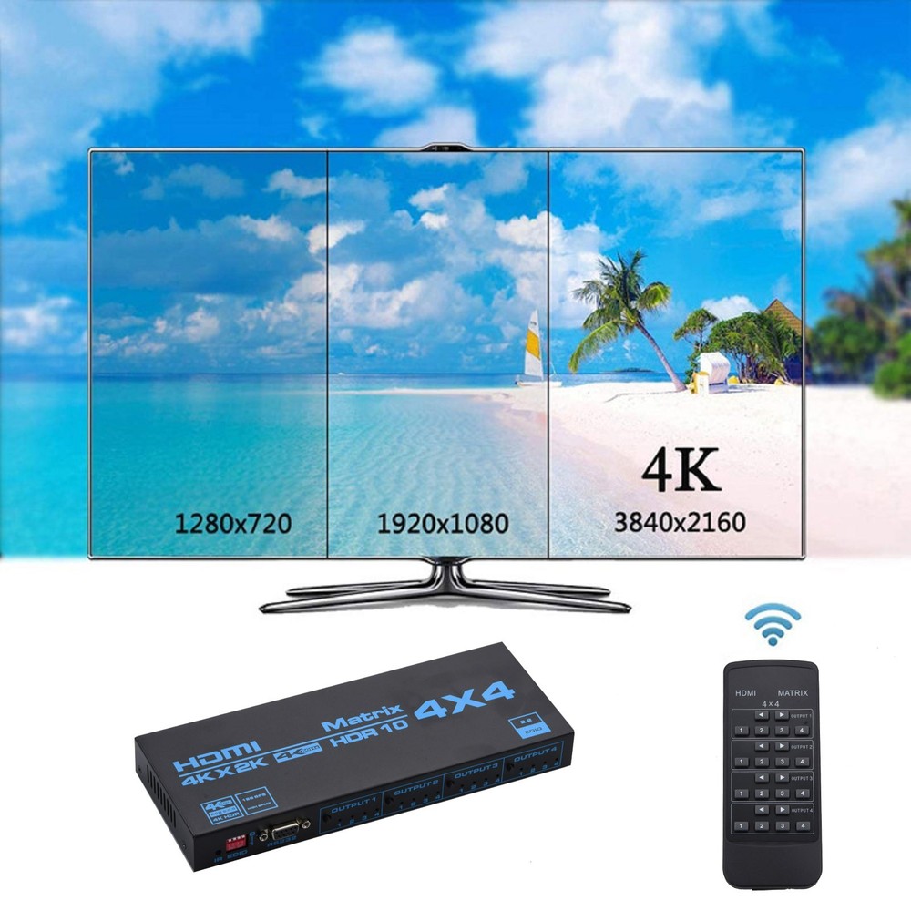 HDMI Matrix Switch 4x4, 4 In 4 Out 4K with EDID Extractor IR Remote Control