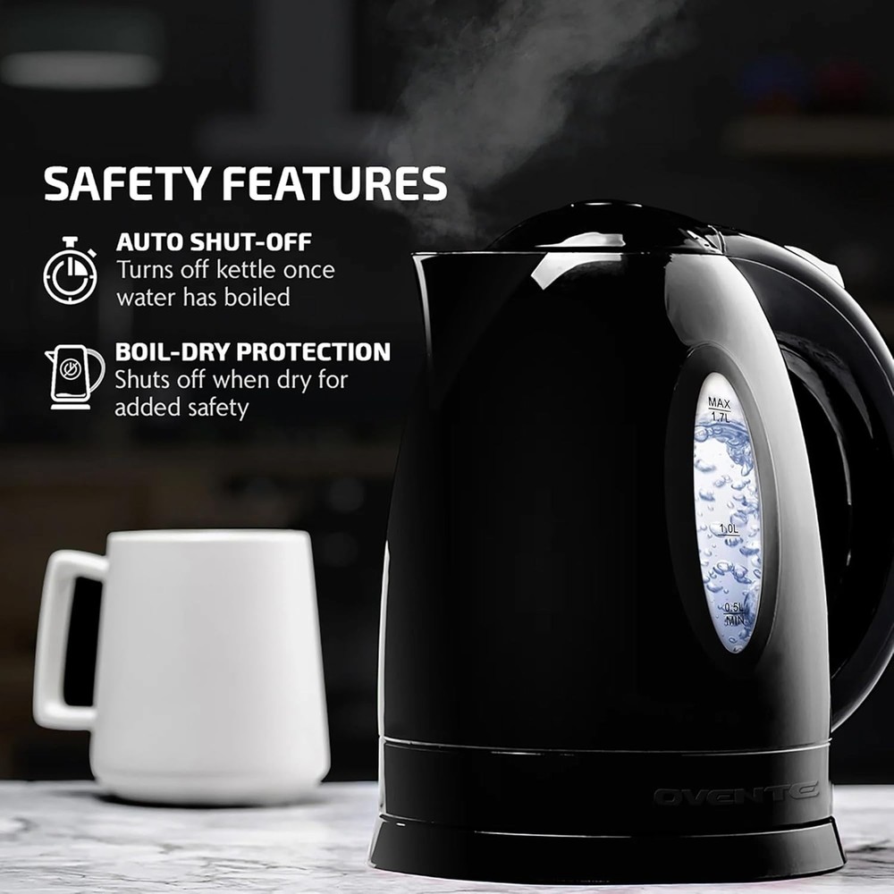 Efficient 1.7L Electric Kettle - 1100W Fast Heating with Removable Filter, Black