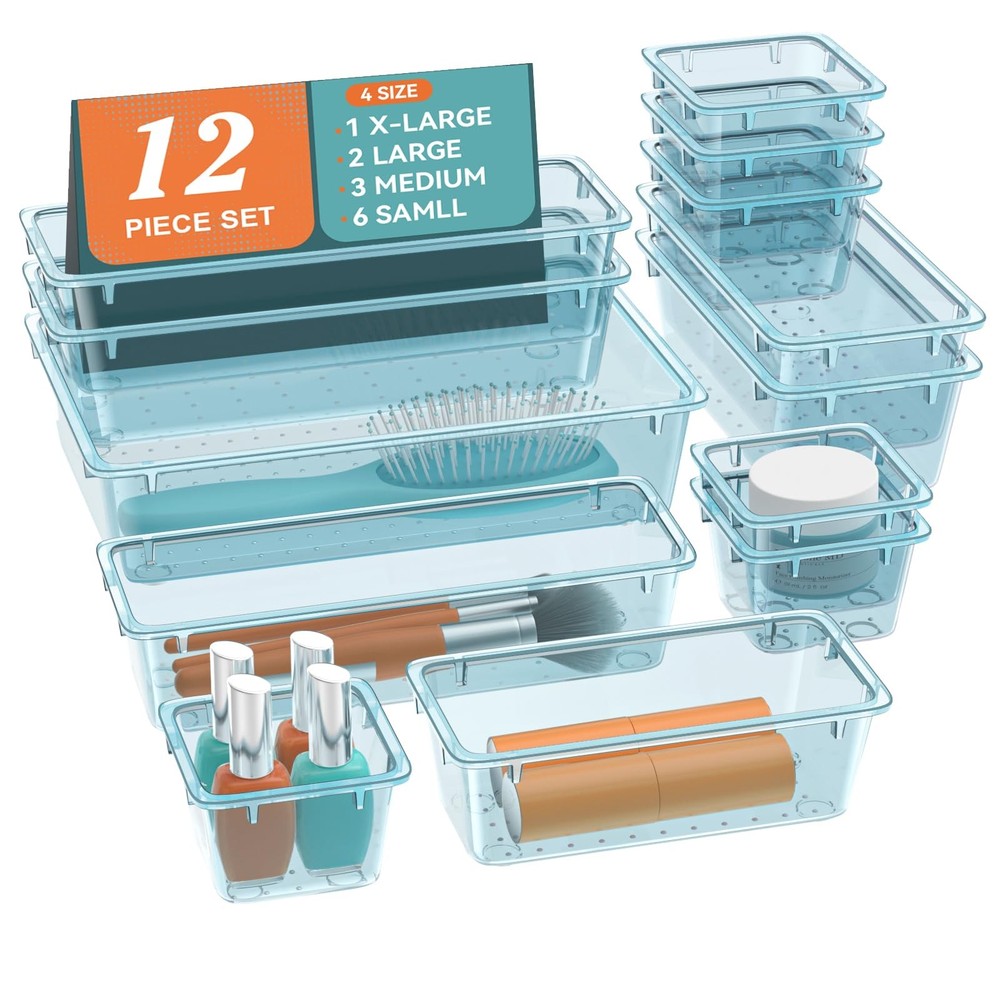 12Piece Drawer Organizer Set  Versatile Plastic Storage for Makeup, Office,