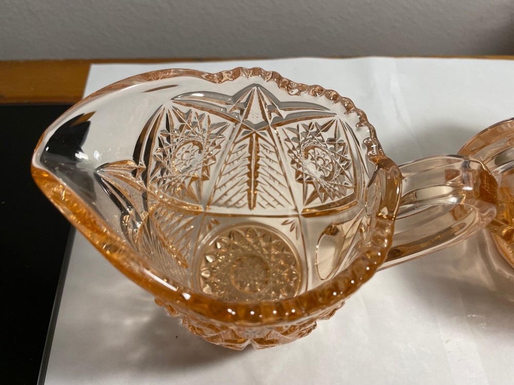 L. E. Smith Pink Glass Creamer & Sugar w/Lid Valtec Pattern Large
