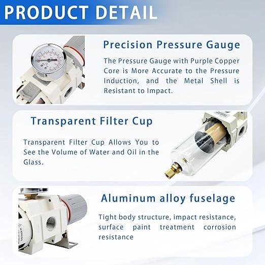 1/2" NPT Compressed Air Filter Regulator Combo, 5 Micron Brass Filter