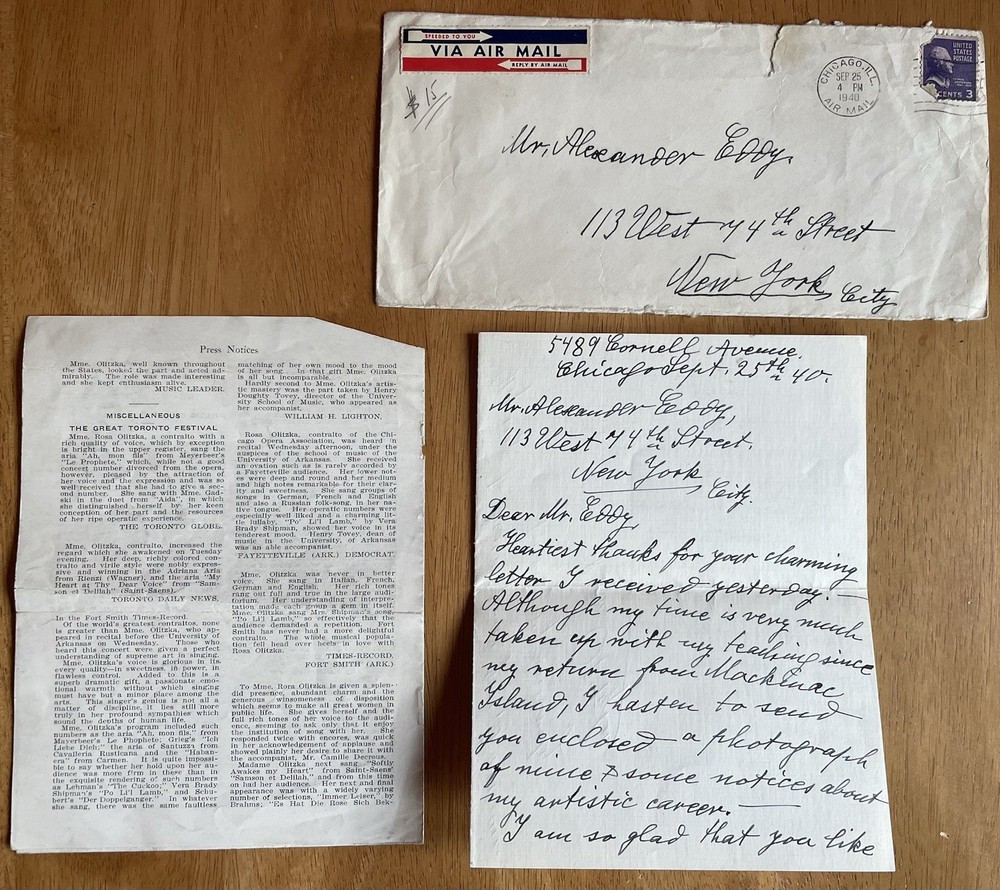 German Opera Singer Rosa Olitzka Autograph Letter (Good Content)