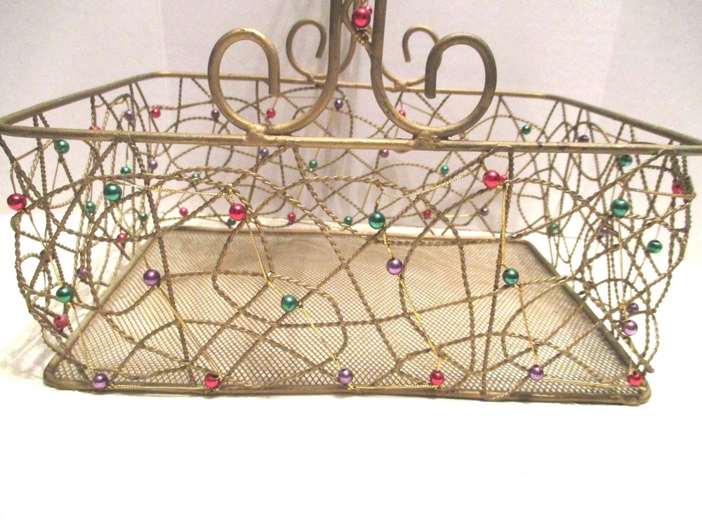 Gold Metal Rectangular Beaded Basket With Handle Open Scroll Weaved