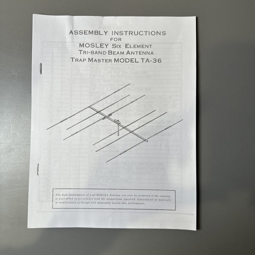 Mosley Six Element Tri-Band Beam Antenna Model TA-36 Instruction Manual