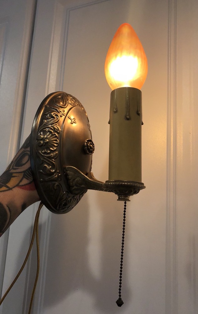 Wired Pair Antique Early Brass Sconces With Rare Pull chain Candle Switch 99A