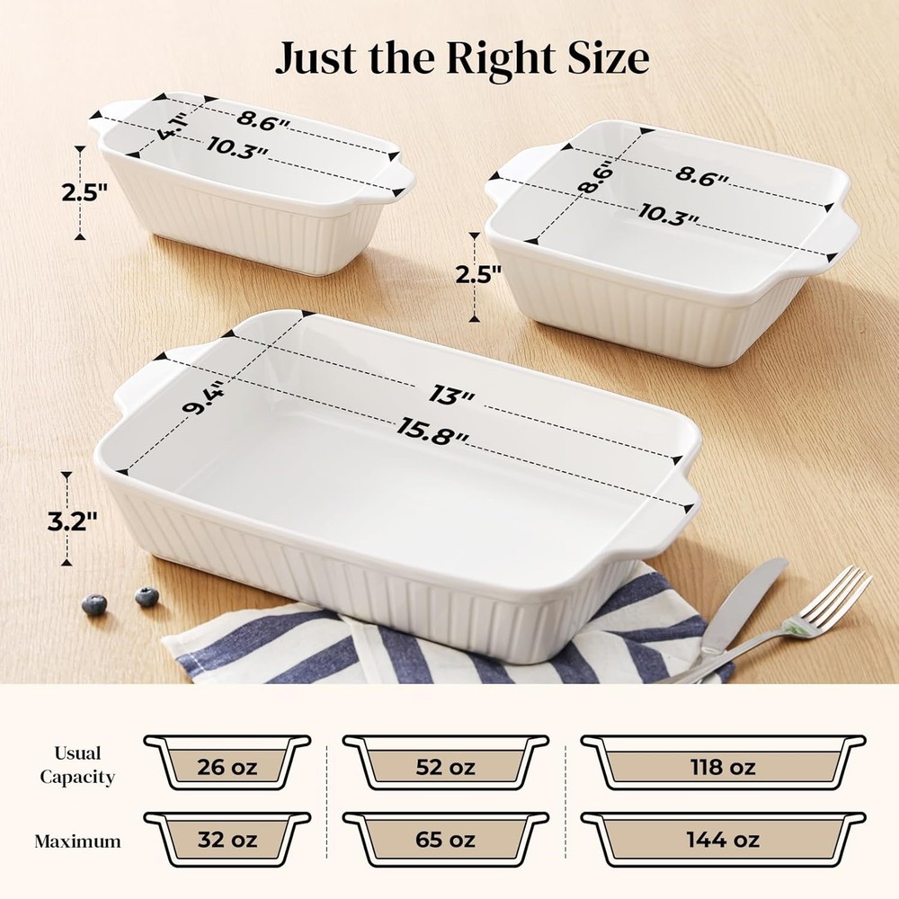 Set of 3 Nesting Ceramic Rectangular Deep Baking Dishes w/ Handles Soft White