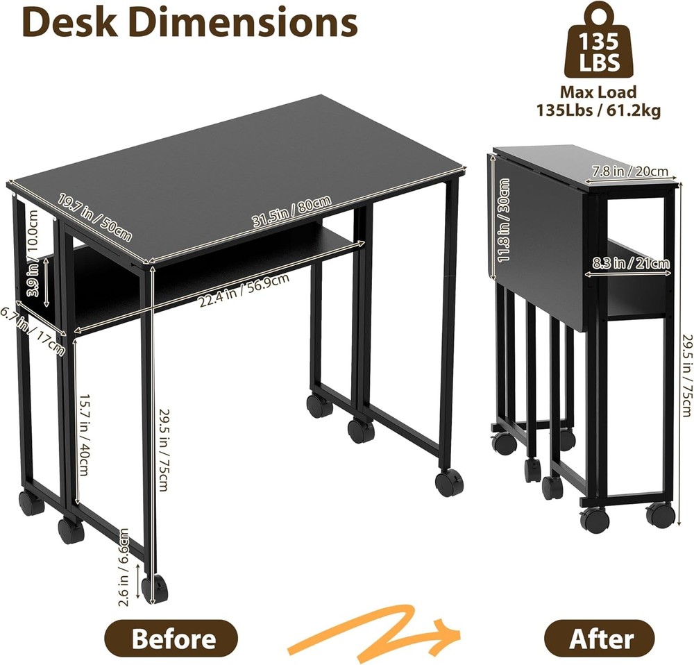 31.5 Inch Folding Desk Rolling Desk with Storage Shelf Foldable Computer Table