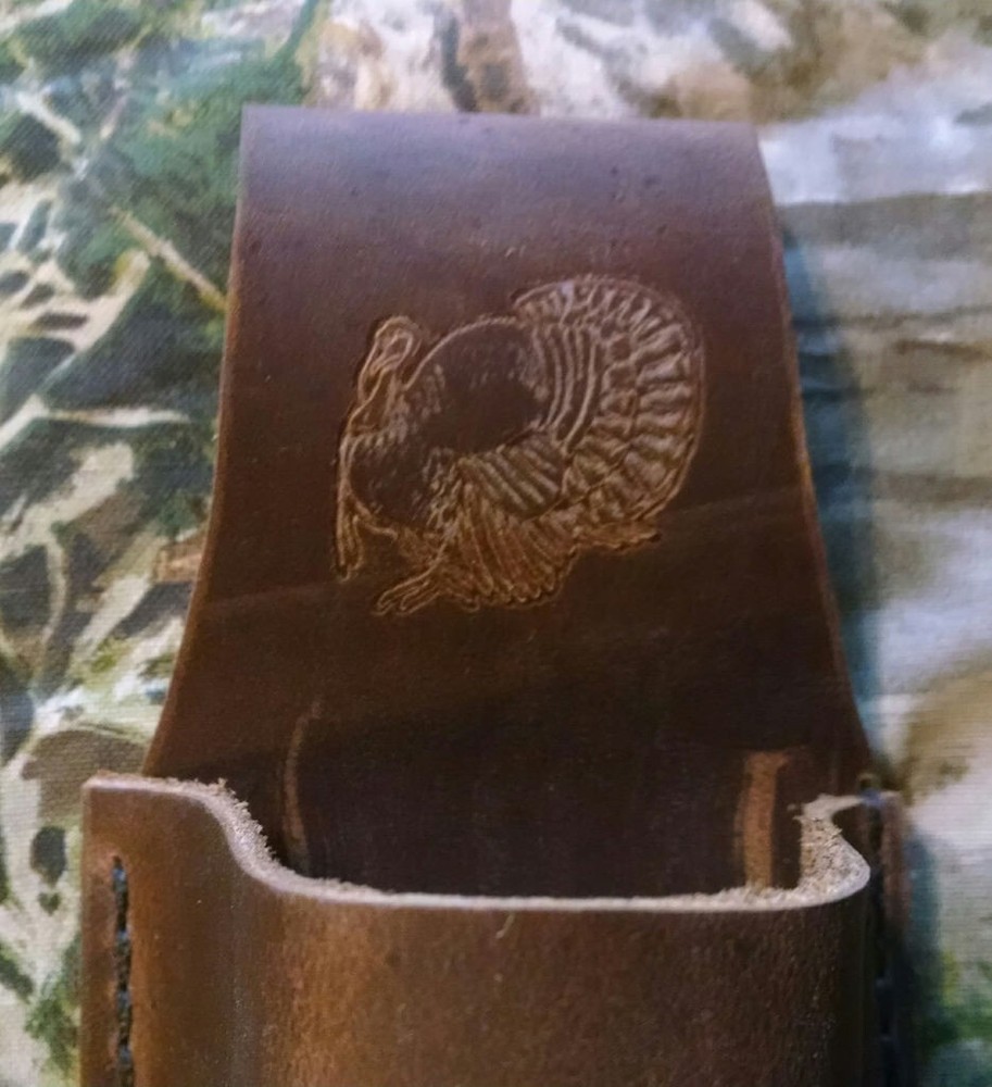 Yoder409 leather long box and fiddle paddle turkey call holster