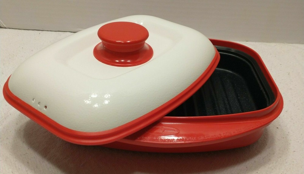 RANGE MATE MICROWAVE GRILL pan steaks RED/WHITE RECTANGULAR covered dish