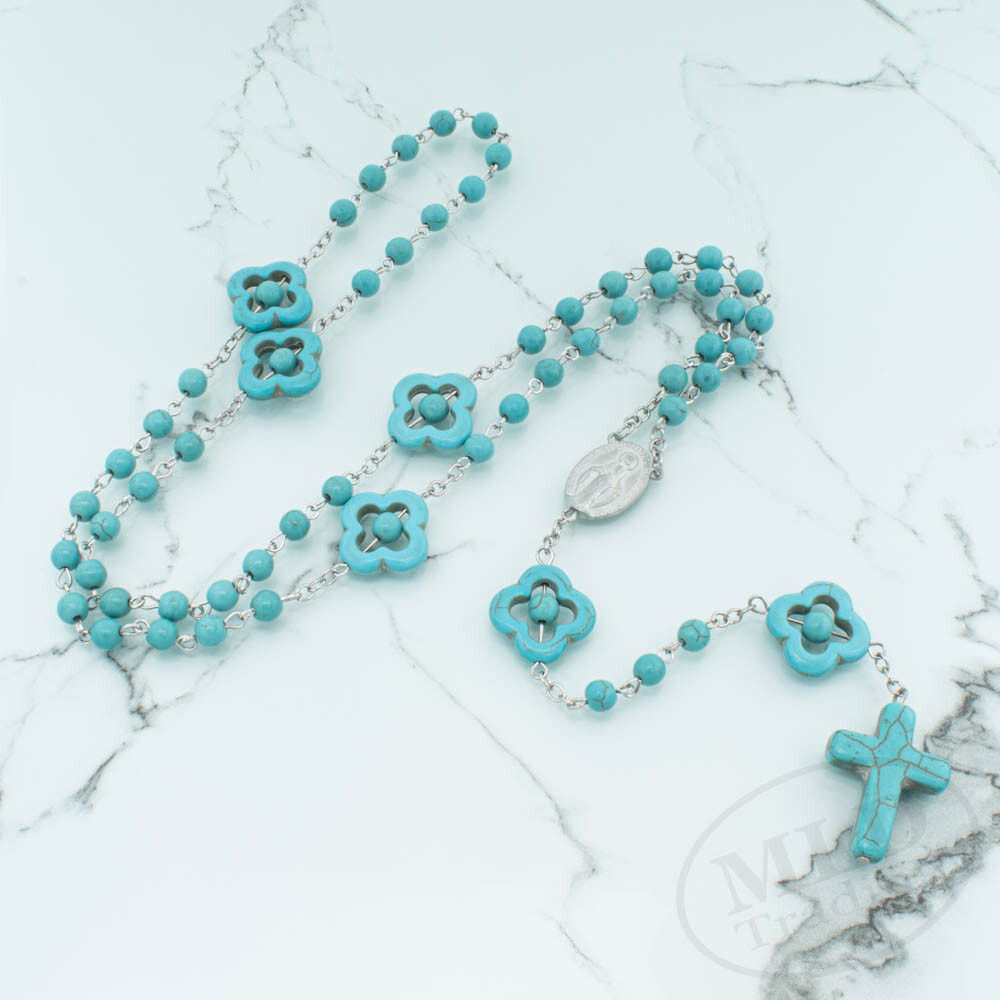 Turquoise Stone Bead Catholic Flower Rosary Necklace - 22" 7" Drop, Silver Chain