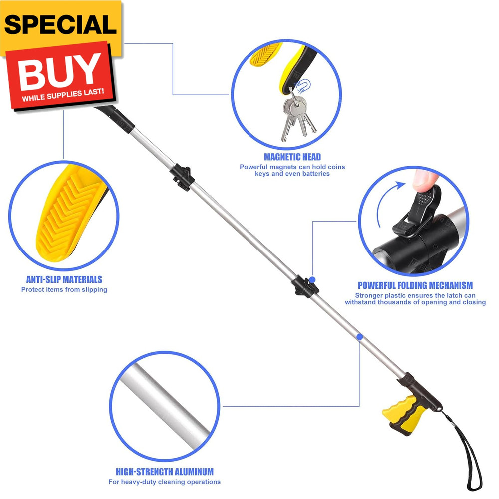 43" Extra Long Grabber Tool, It Reaching Tool with Rotating Jaw +Magnets, 4" Wid