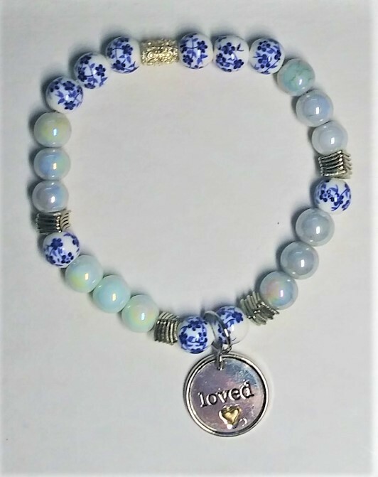 Blue Loved Charm Beaded Stretchy Bracelet