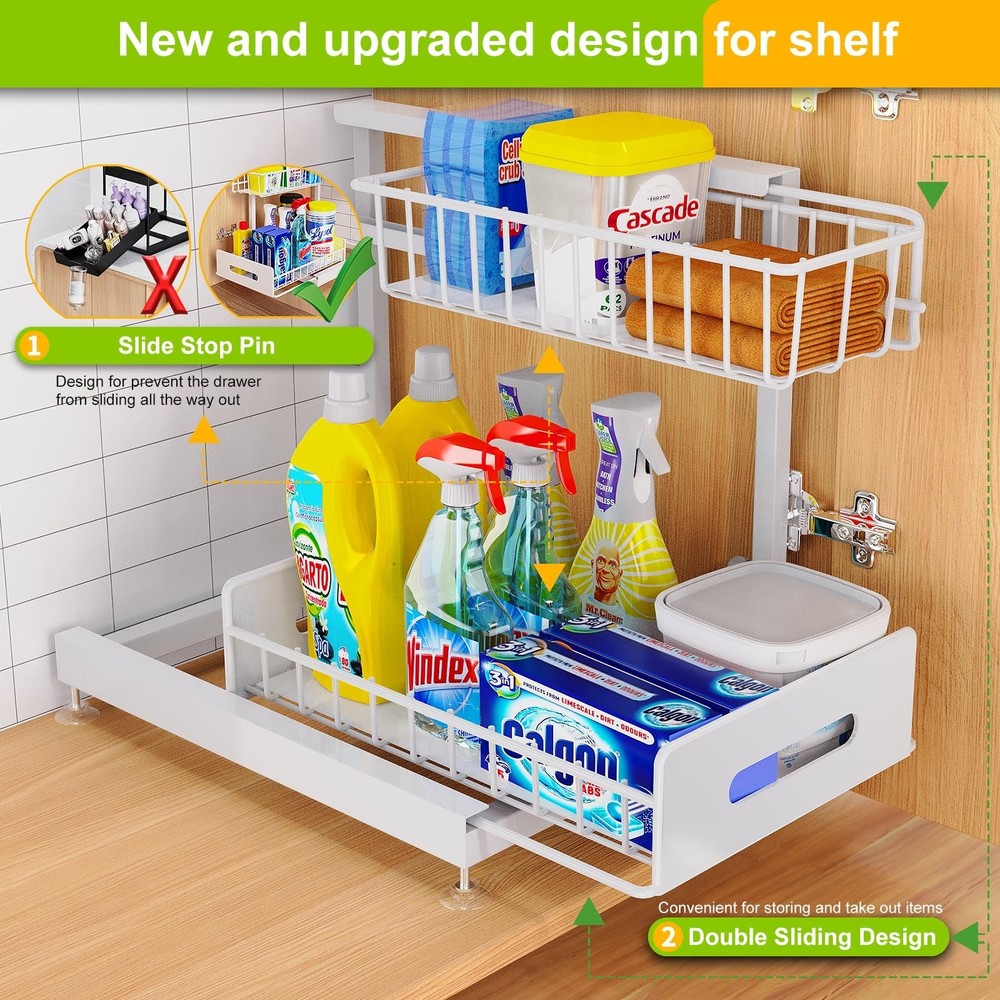 2 Pack Under Sink Organizer and Storage,Pull Out Cabinet Organizer 2 Tier Sli...