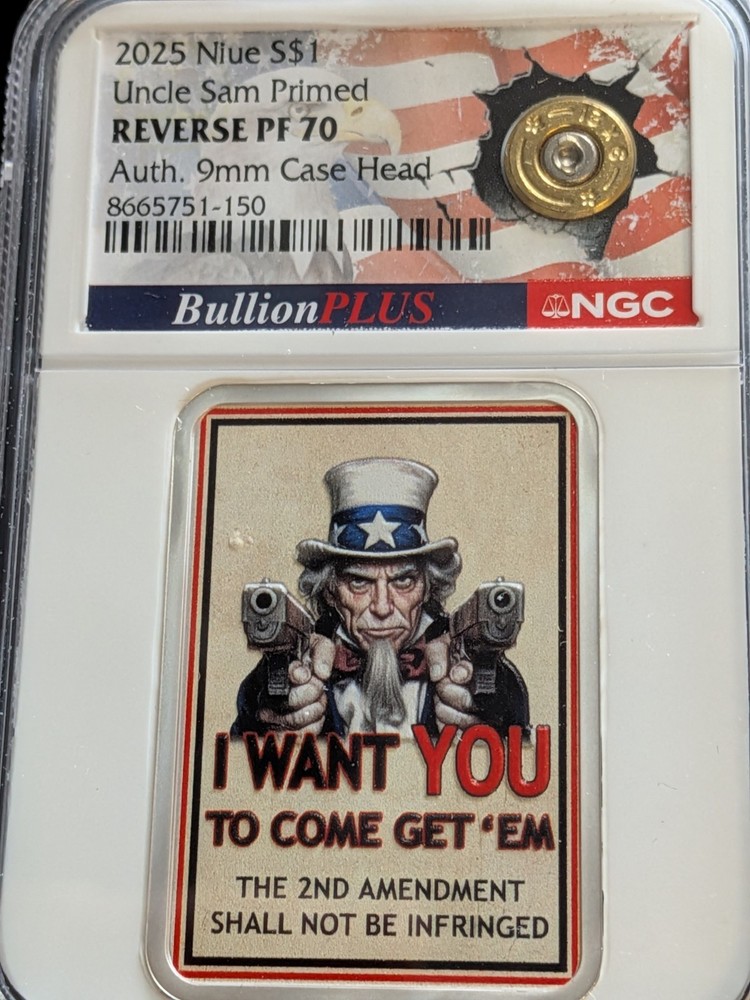 2025 $1 NIUE REVERSE PROOF SILVER UNCLE SAM PRIMED NGC PF70 AUTH 9MM BULLIONPLUS