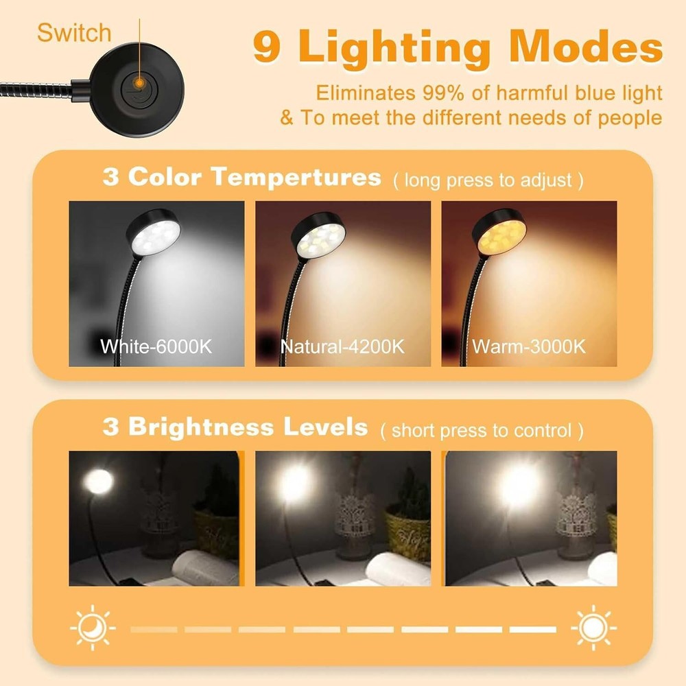 Rechargeable Book Light - 3 Color Modes, Adjustable Brightness, 30+ Hour Runtime